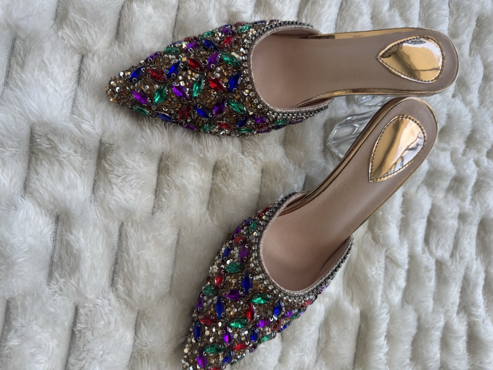 SHEIN Multicolor Rhinestone Beaded Block Heel Pointed Toe Slip On Comfort Mule