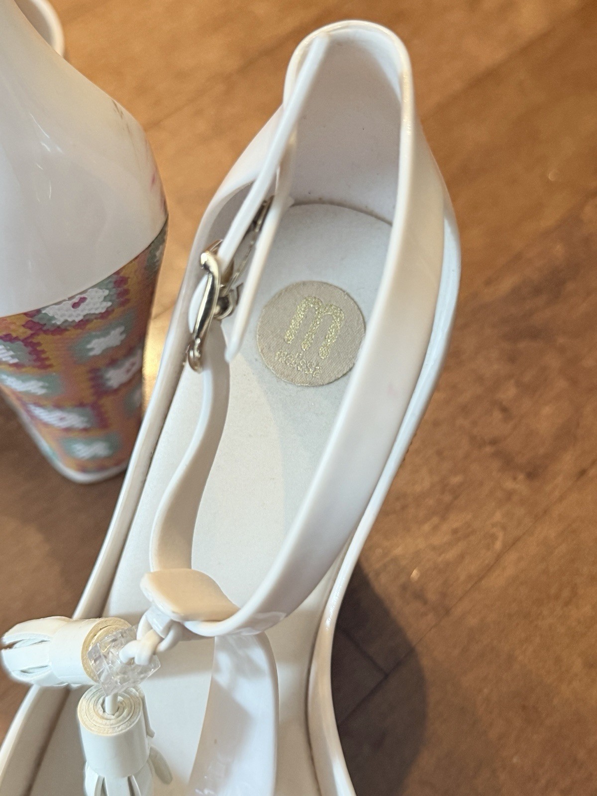 Melissa White Patent Peep-Toe Platform Heels with Tassel Ankle Strap size 9