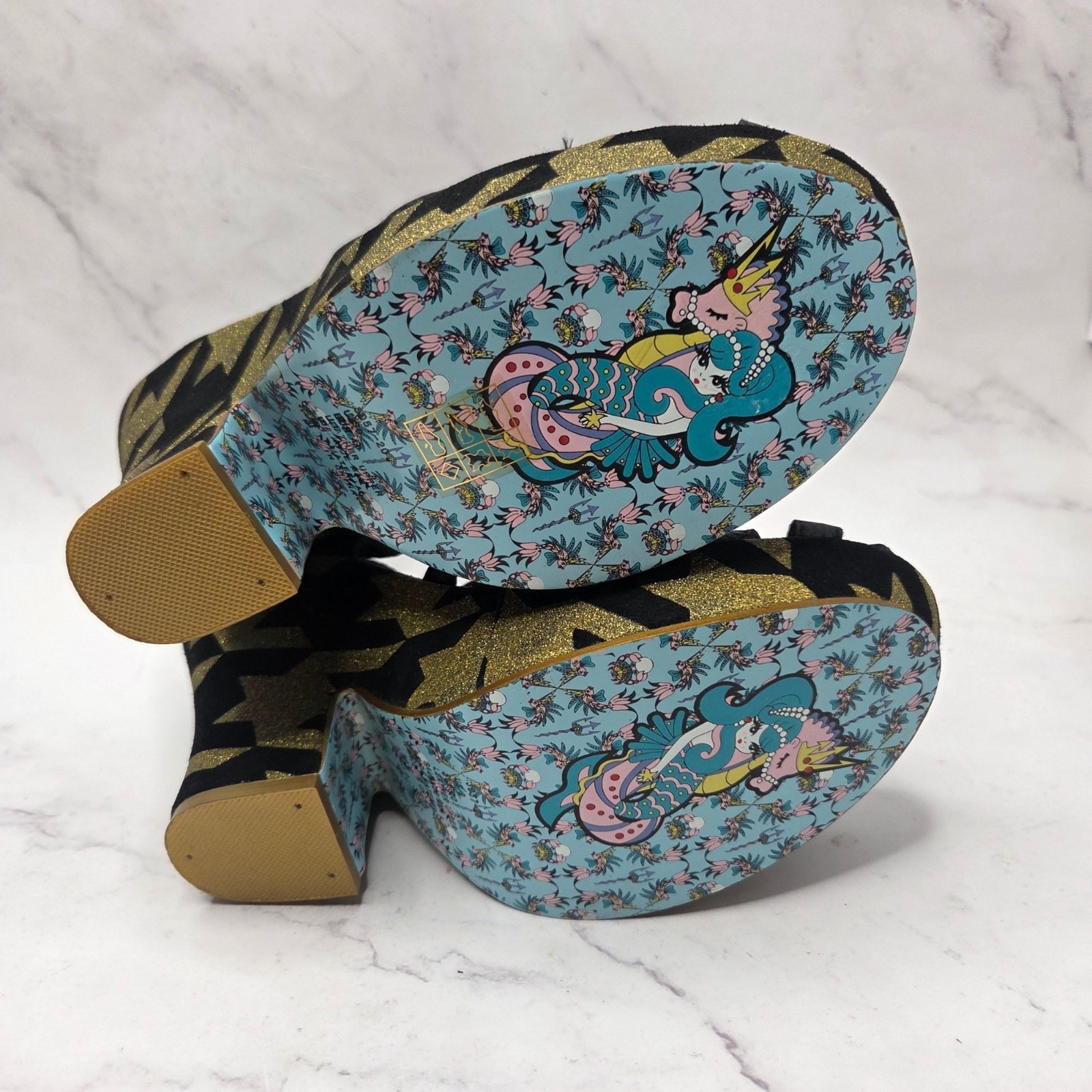 Irregular Choice Gold Black Platform Heels Leather Strappy Women’s 9