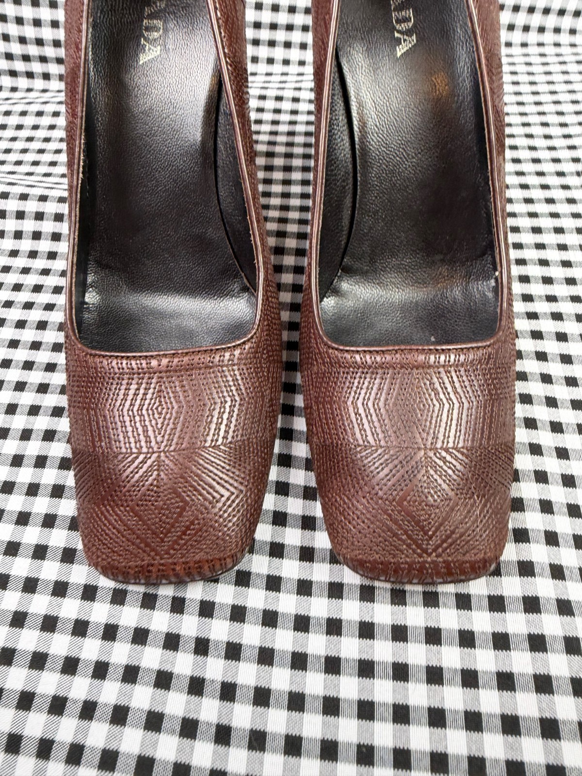 Prada Brown Embossed Leather Square Toe Pumps Block Heel Italy 38.5 Women’s US 8