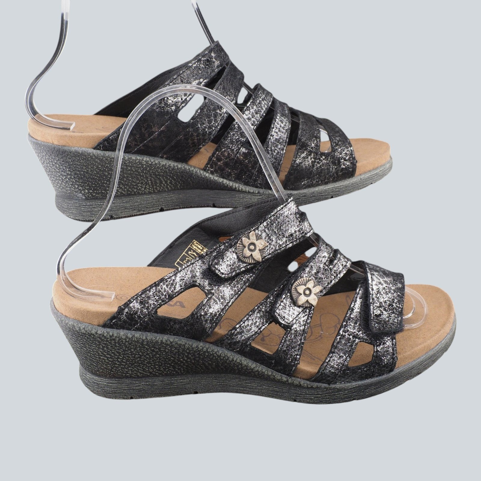 Romika Fidschi 14 Womens Metallic Silver Black Leather Wedge Sandals 119414 38