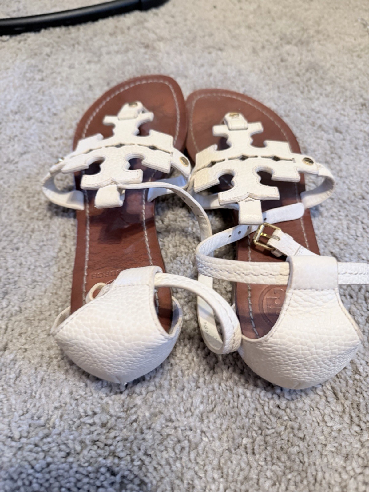 Tory Burch Women’s White Leather Logo Thong Sandals Ankle Strap Buckle Flat
