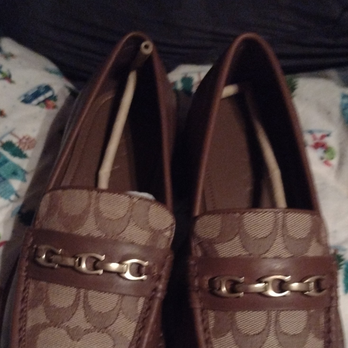 Coach Signature Canvas Brown Slip-On Loafer Flats Gold-Tone Chain Hardware