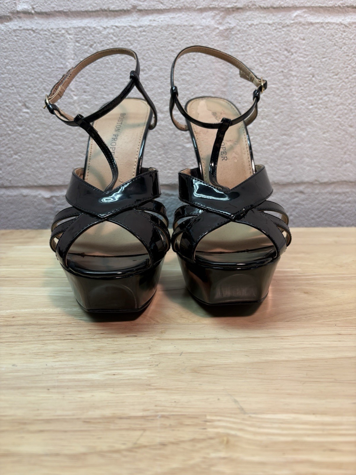 Boston Proper Women’s Black Patent Platform Ankle Strap Buckle Heels Size 8M