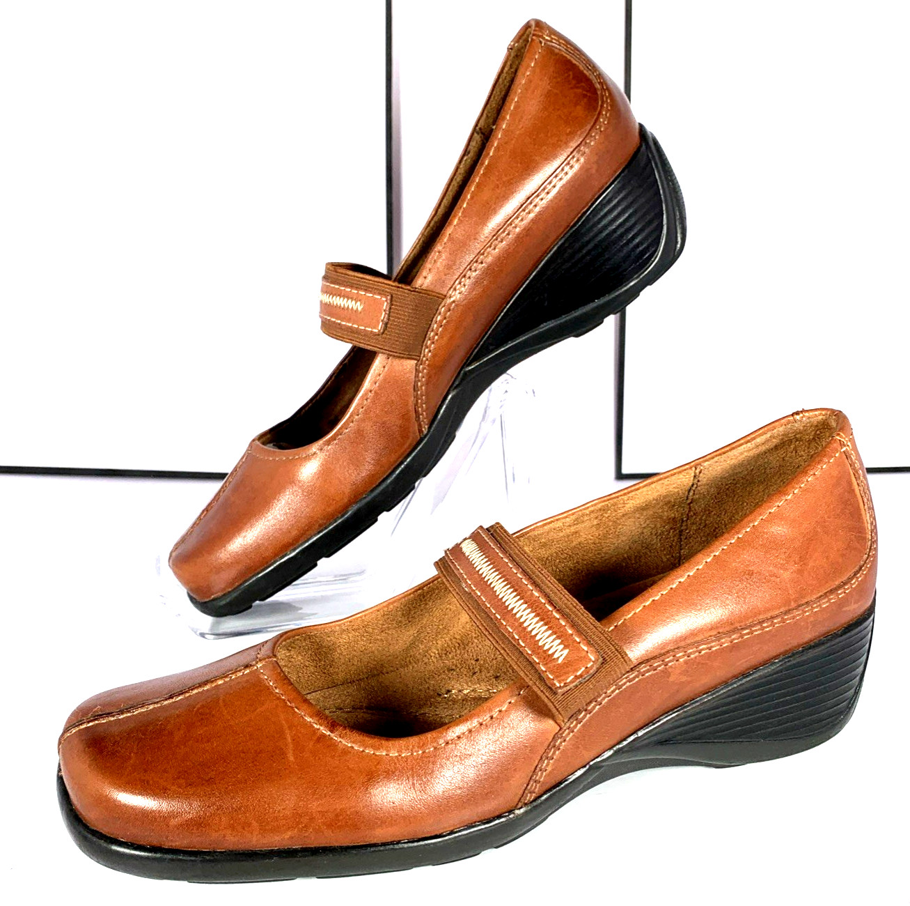 Naturalizer Women Alliance Mary Jane Tan Wedge Stitched Leather Career Shoes, 7M