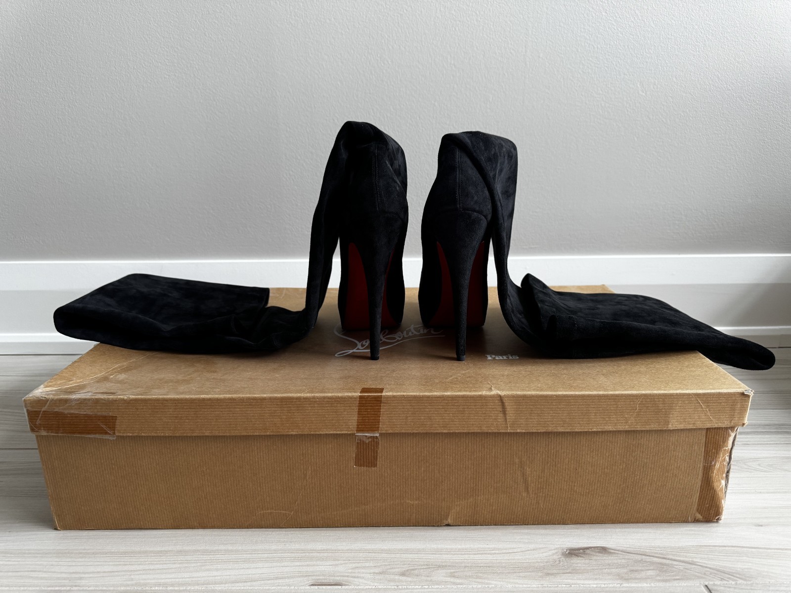 NEW Christian Louboutin Monique 160 Black Stretch Suede Thigh High Boots 38.5