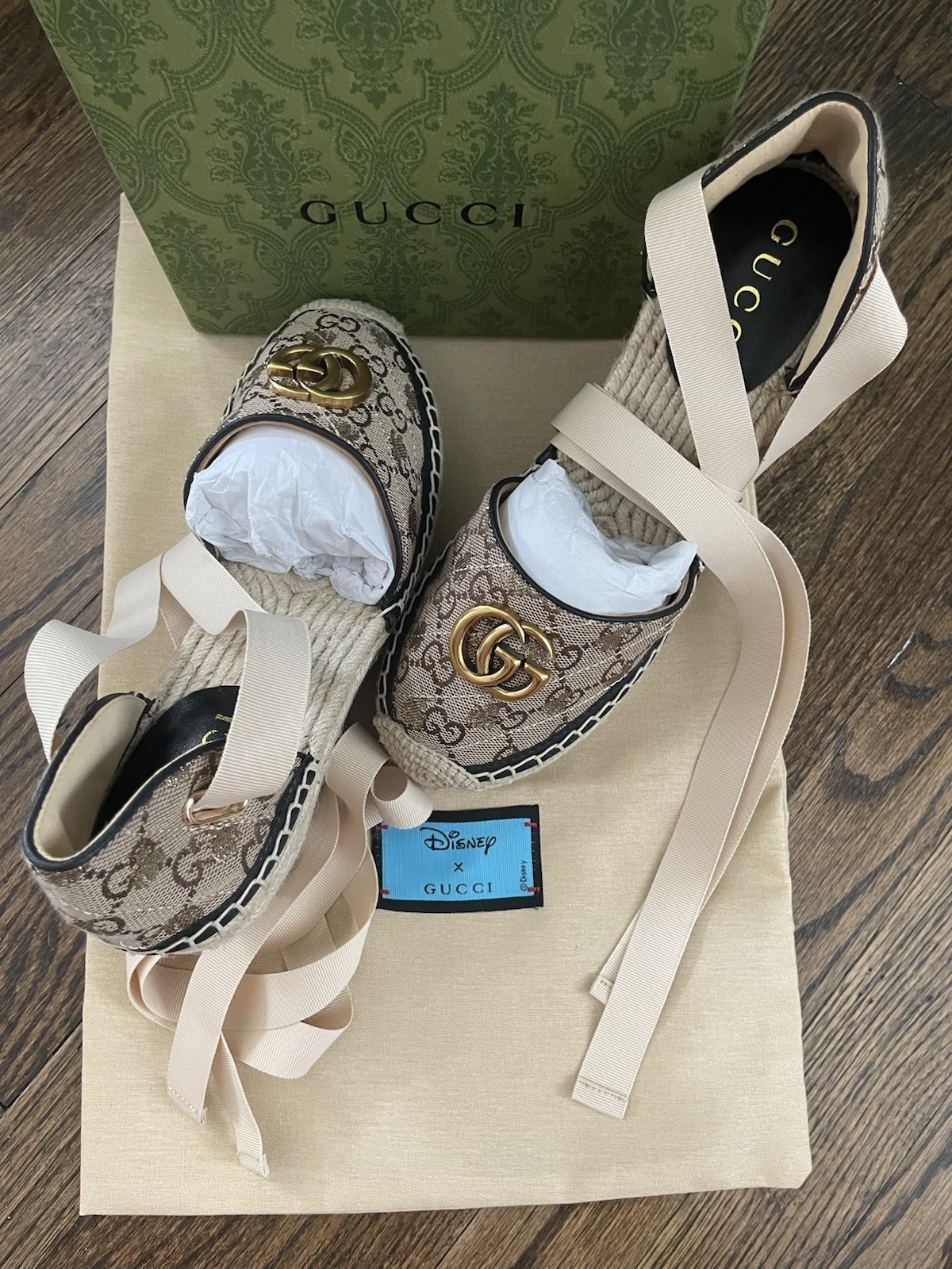 Gucci Disney Women’s Suede GG Logo Espadrille Wedge Sandals Tie, US 10