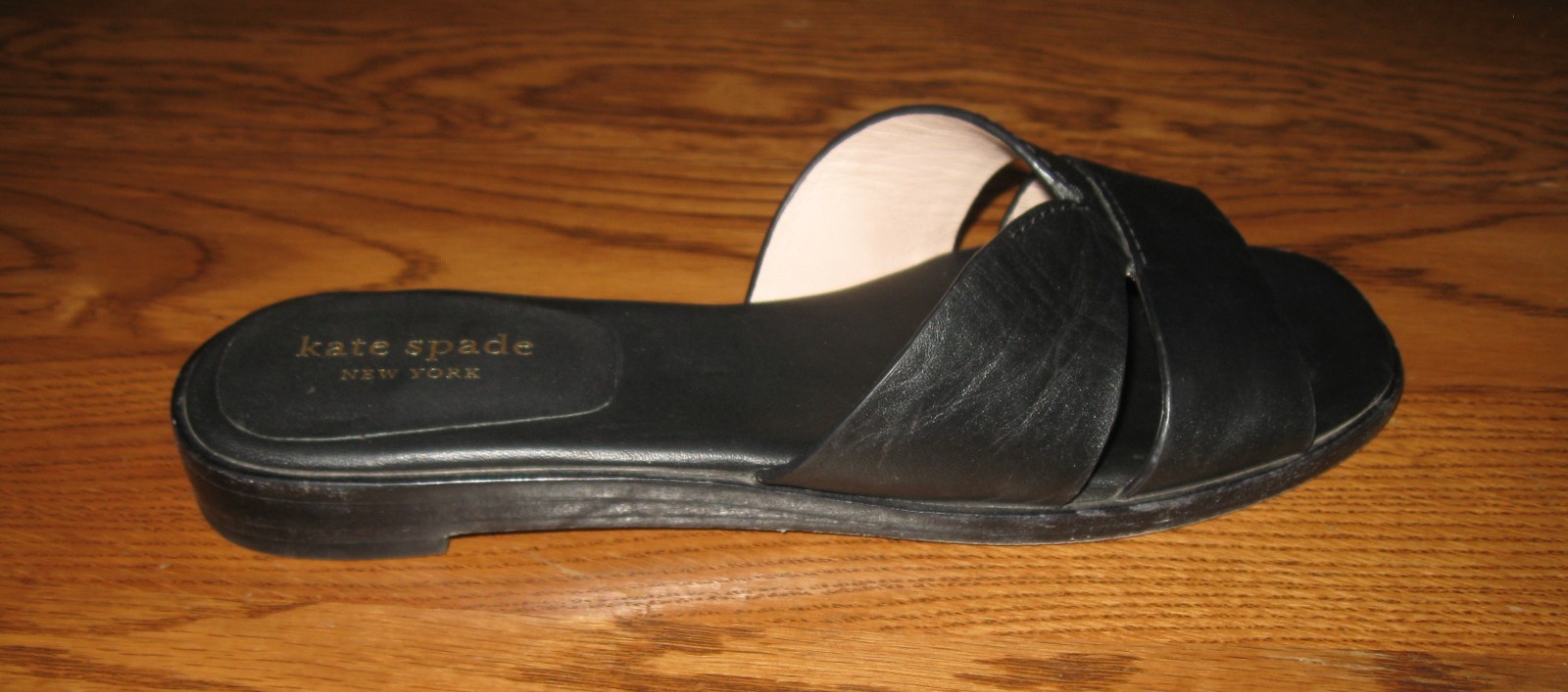 kate spade new york DOCK Black Leather Slide Sandals Logo Slip On Women US 5.5 B