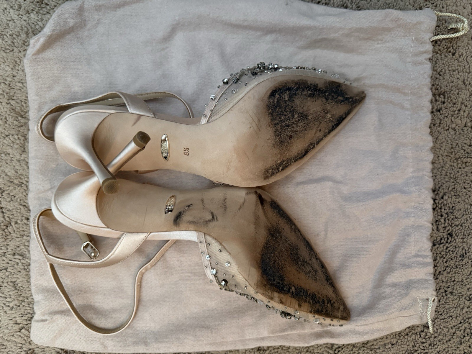 Badgley Mischka Beige Rhinestone Pointed Toe Slingback Ankle Strap Heels 8.5