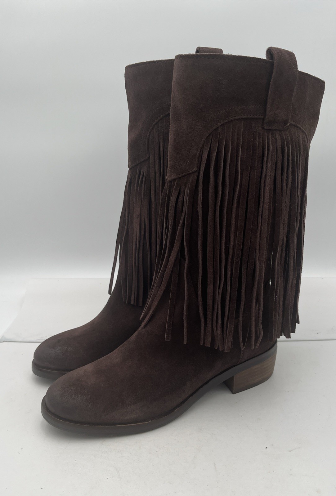 Lucky Brand Caleb Fringe Suede Boots Womens 9.5M Brown Western Bohemian Retro