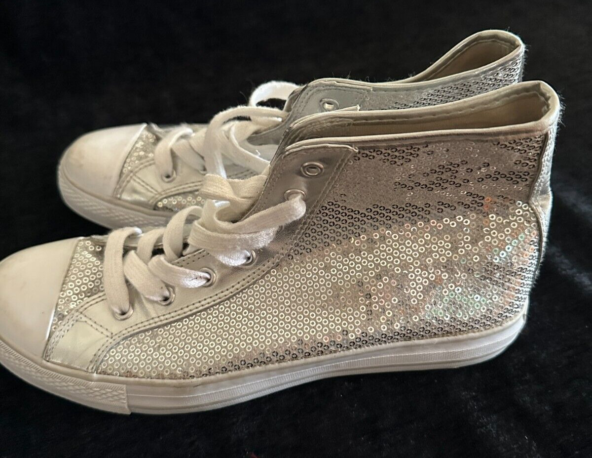 Gotta Flurt Disco Silver Sequin High Top Sneakers Size 10 Chucks White Laces