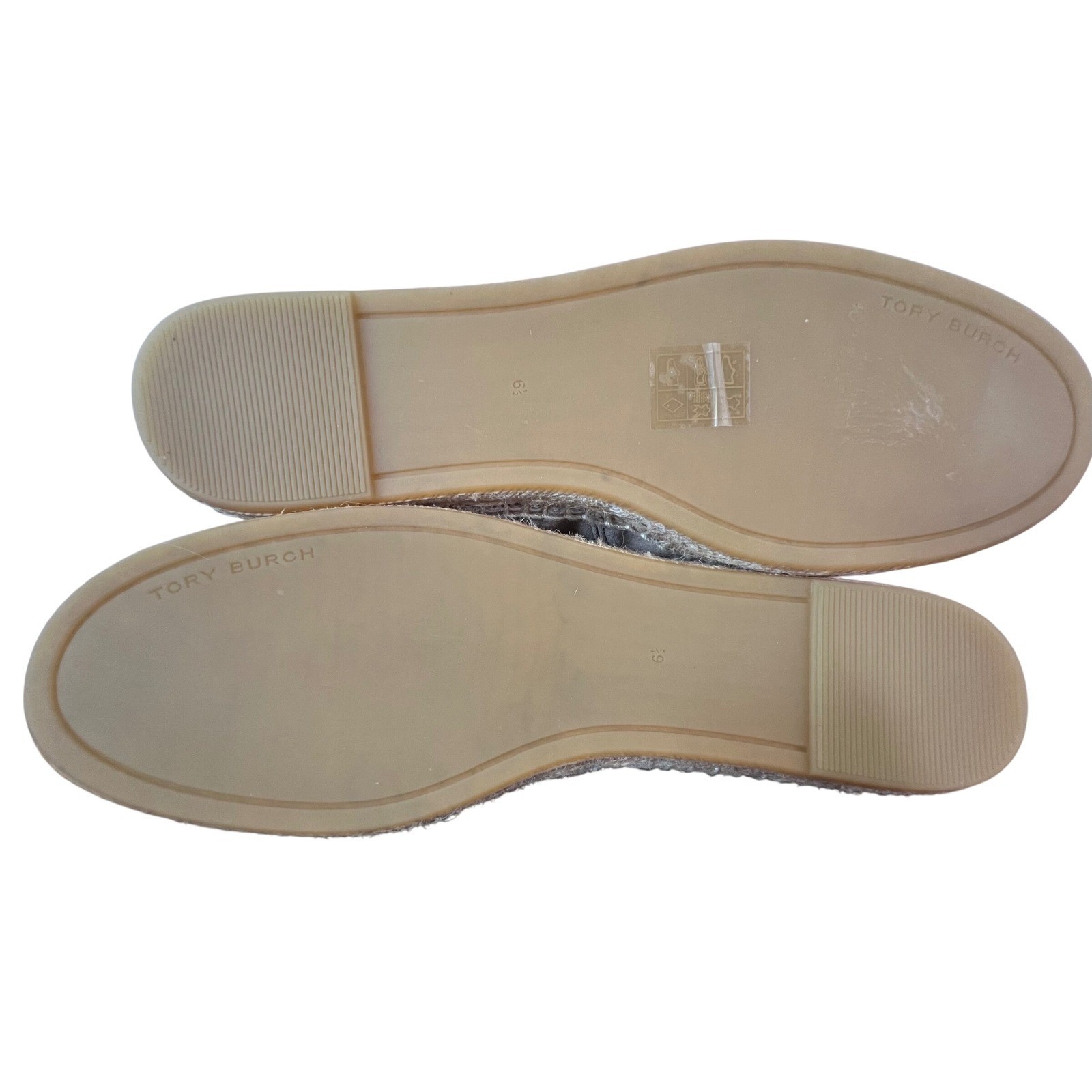 Tory Burch Ines Embellished Suede Espadrilles Taupe Tan Crystal Logo Flats 6.5M