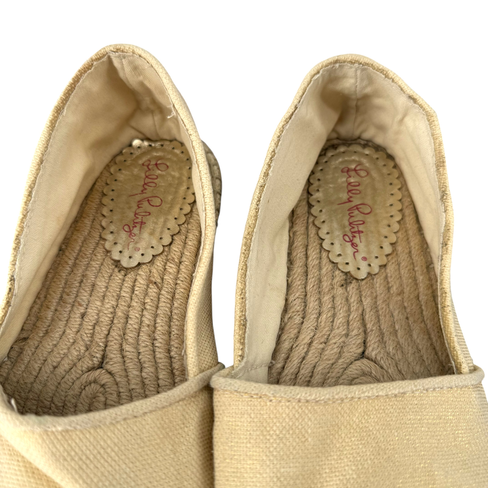 Lilly Pulitzer Lia Espadrille Flats 10 Beige Gold Canvas Slip On Round Toe Jute
