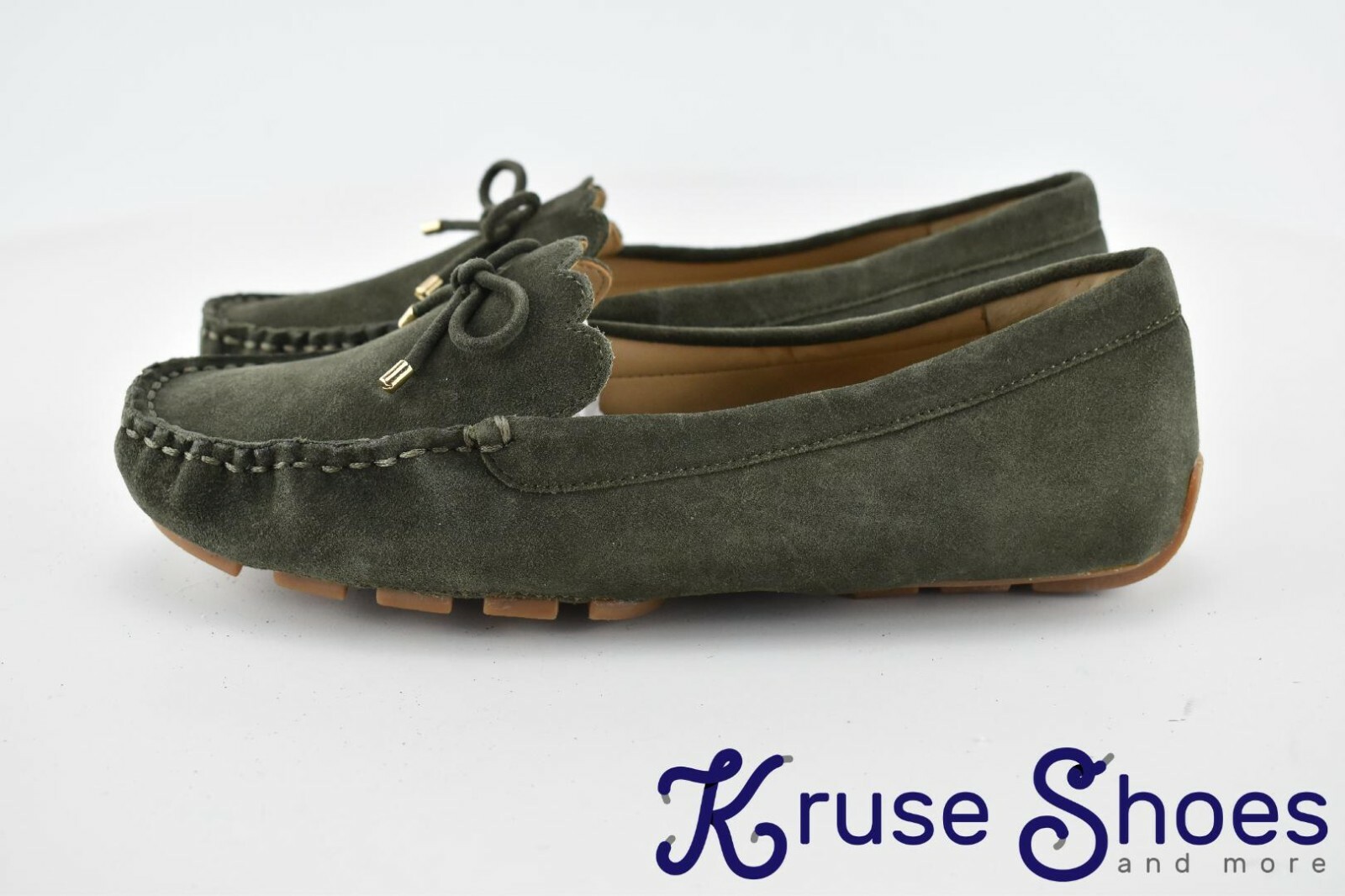 Lands’ End Women’s «Deep Olive» Scalloped Suede Driving Mocs Size 7D