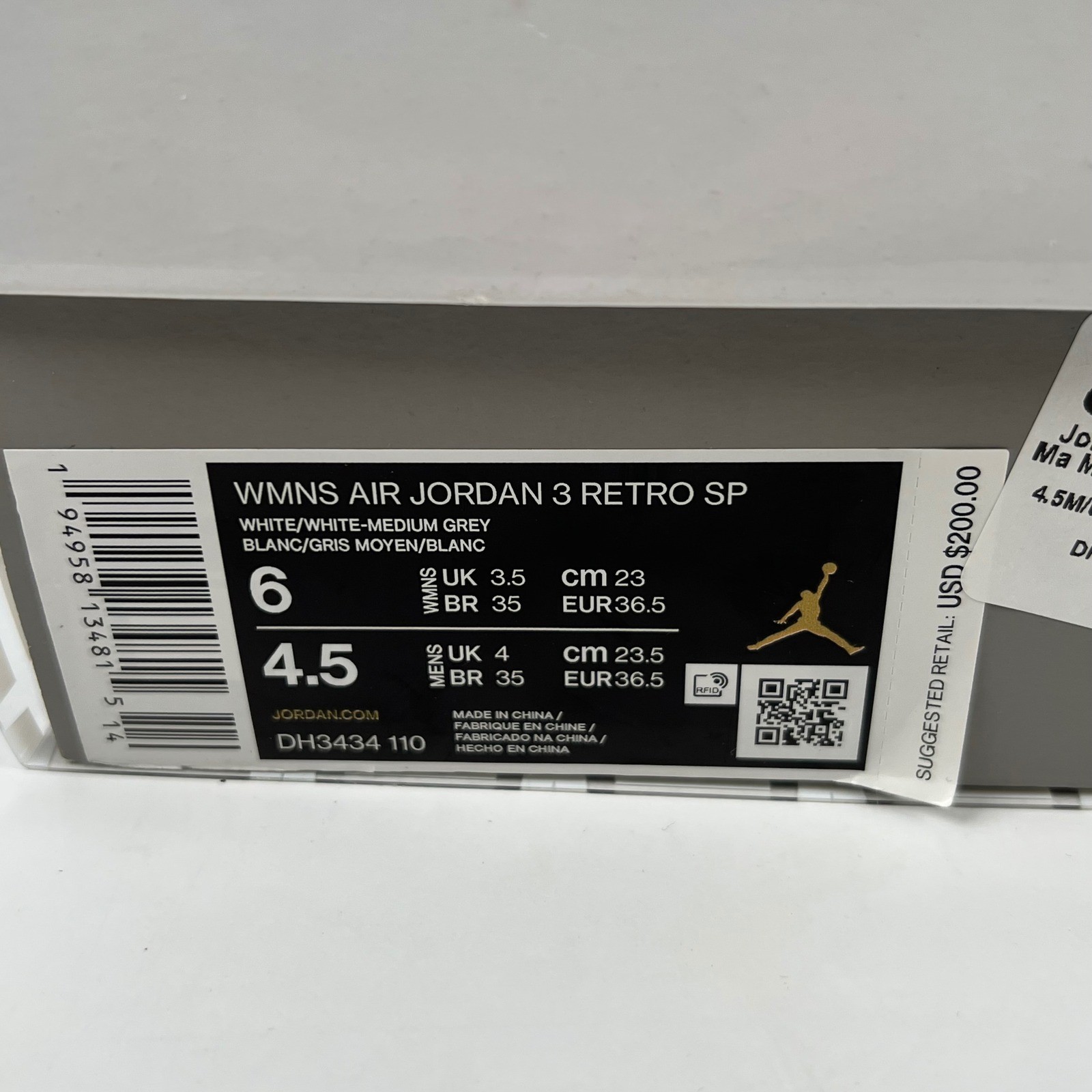 Jordan 3 Retro SP A Ma Maniere White Medium Grey DH3434-110 Womens 6 Kids 4.5Y