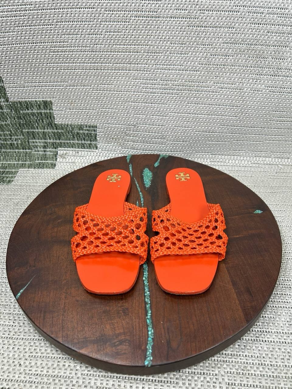 Tory Burch Sandals Womens Size 8 M Slides Desert Flower Orange Woven Leather
