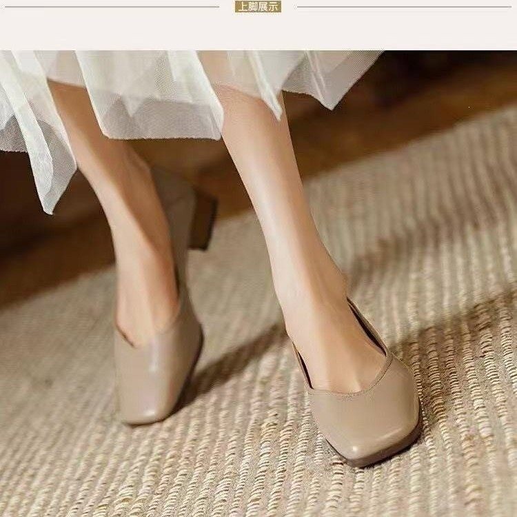 Men’s Square Toe Leather Low Chunky Heels Office Dress Pumps Party Shoes Pull On