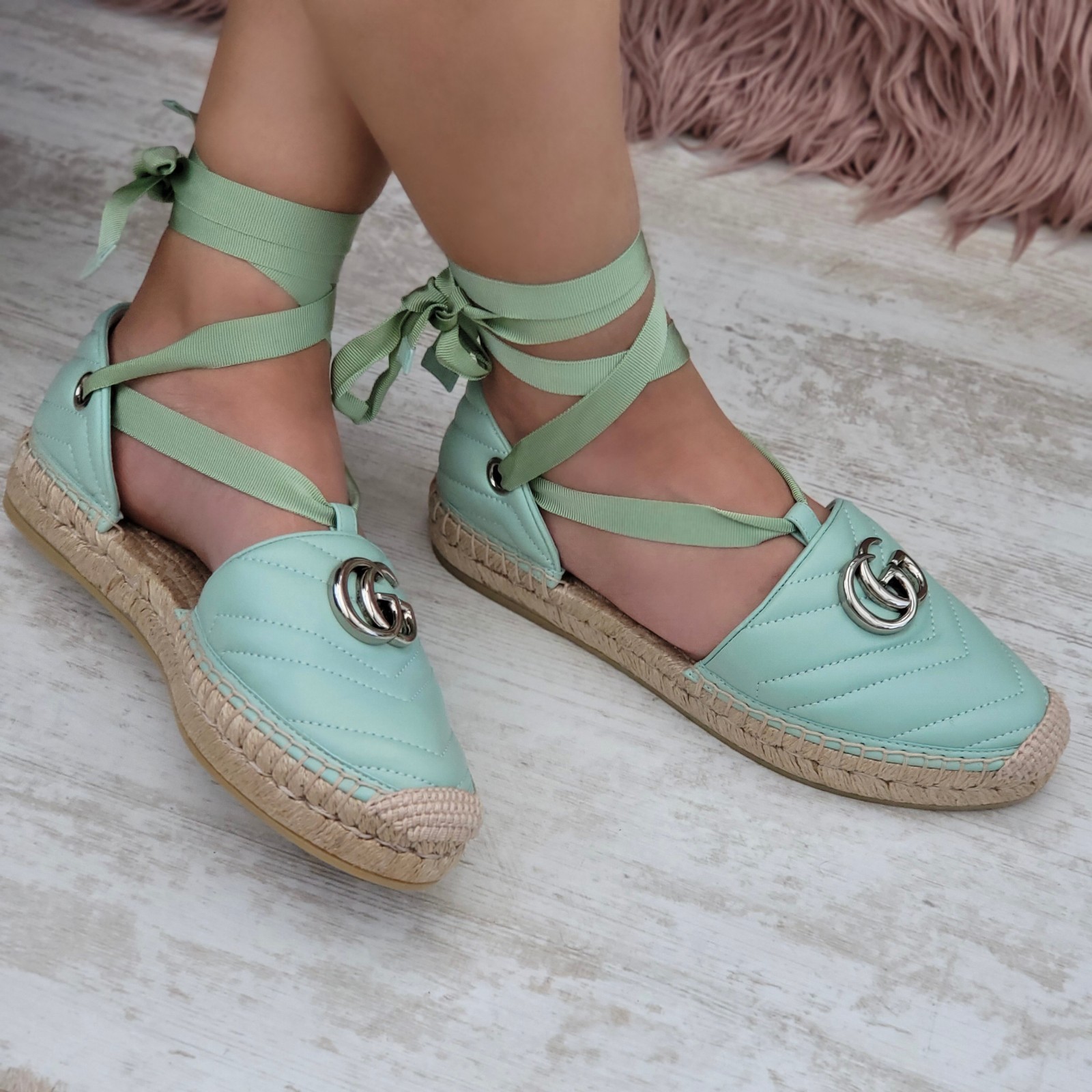 Gucci Marmont GG Espadrille Sandals Ankle Wrap Platform Flats EU 37 UK 4 RRP£625