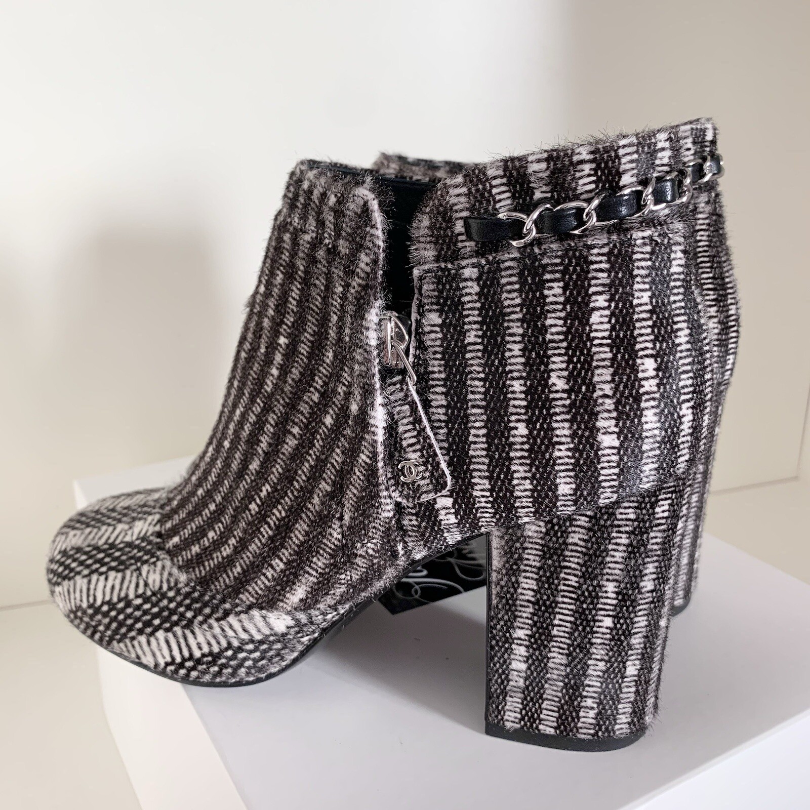 Chanel Pony Hair Chain Logo Zipper Heel Boots 36 Retail $2100