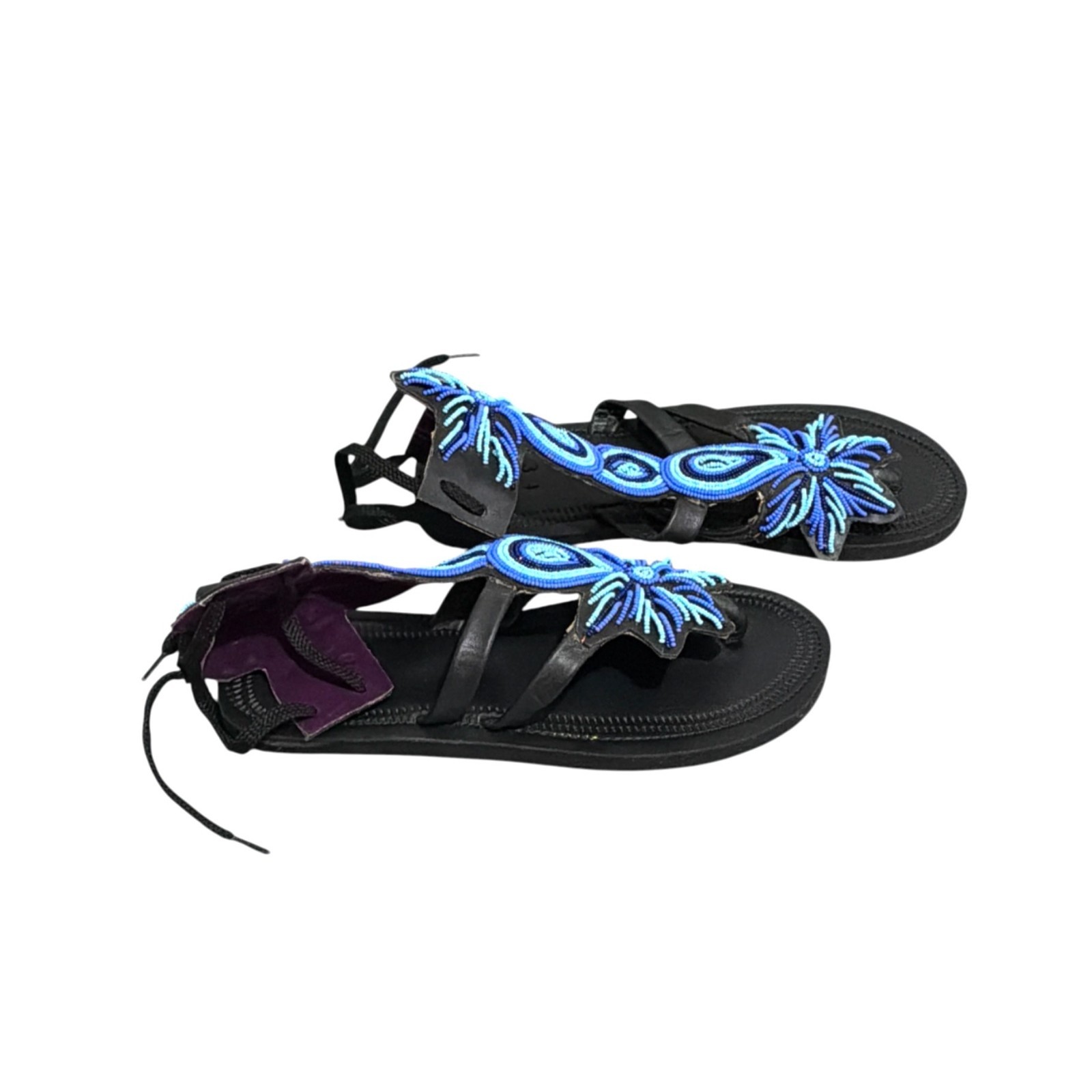 African Sandals Womens 8.5 Black Leather Masai Beadwork Gladiator Tribal Artsy