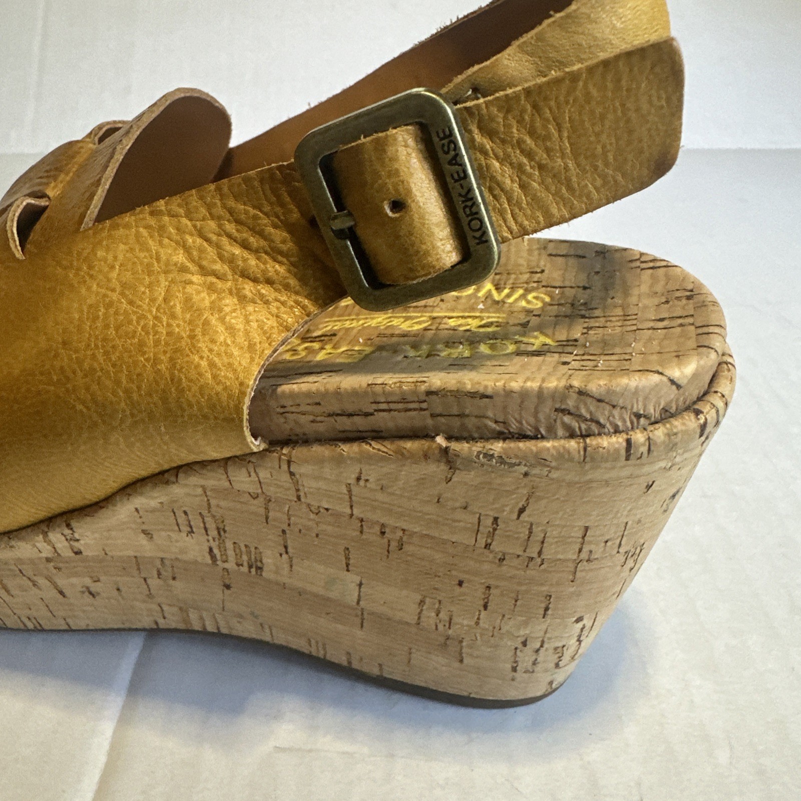 Kork Ease Alex Sandal Size 6 M Yellow Leather Wedge Cork 3 1/4 Inch Heel
