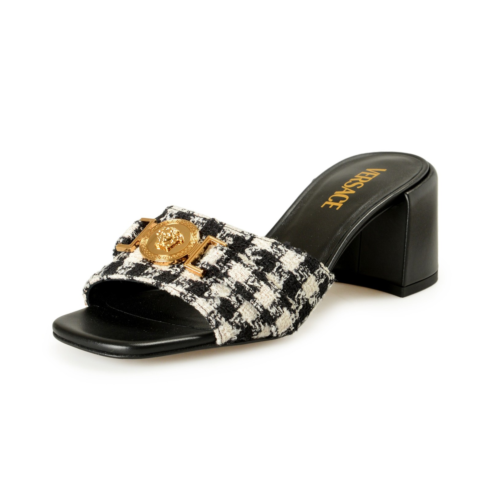 Versace Women’s Check Gold Medusa Heeled Sandals Mules Shoes US 6 IT 36