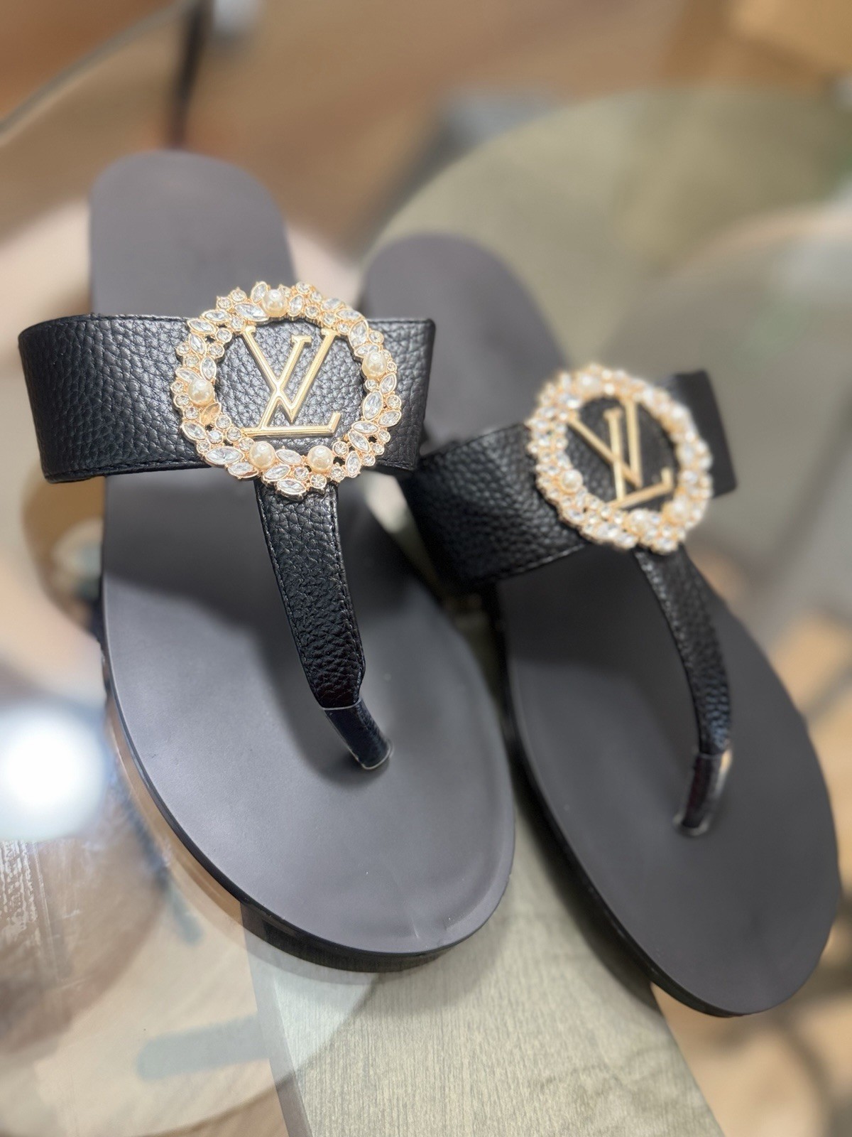 Louis Vuitton Women’s Black Thong Sandals Logo Beaded Accent Slip-On EU 41