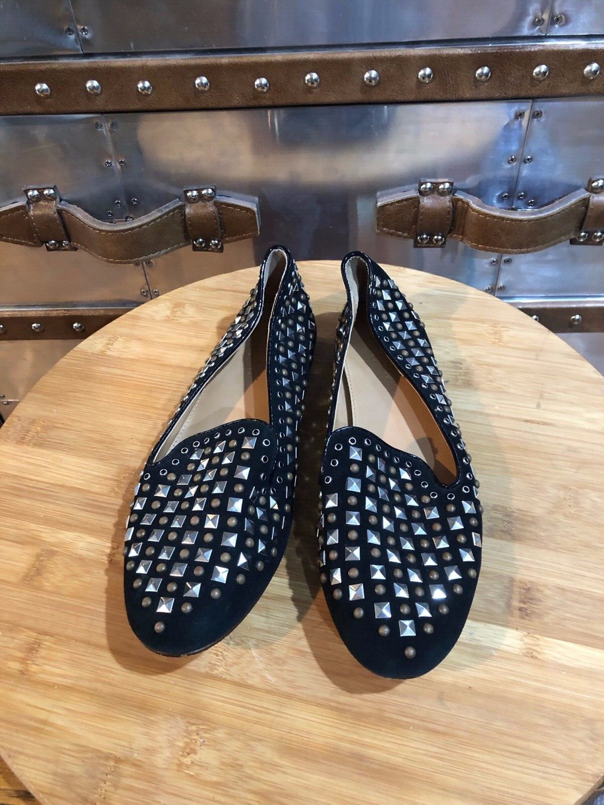 J CREW Addie Black Leather Studded Beaded Slip On Loafer Flat Shoes 7.5
