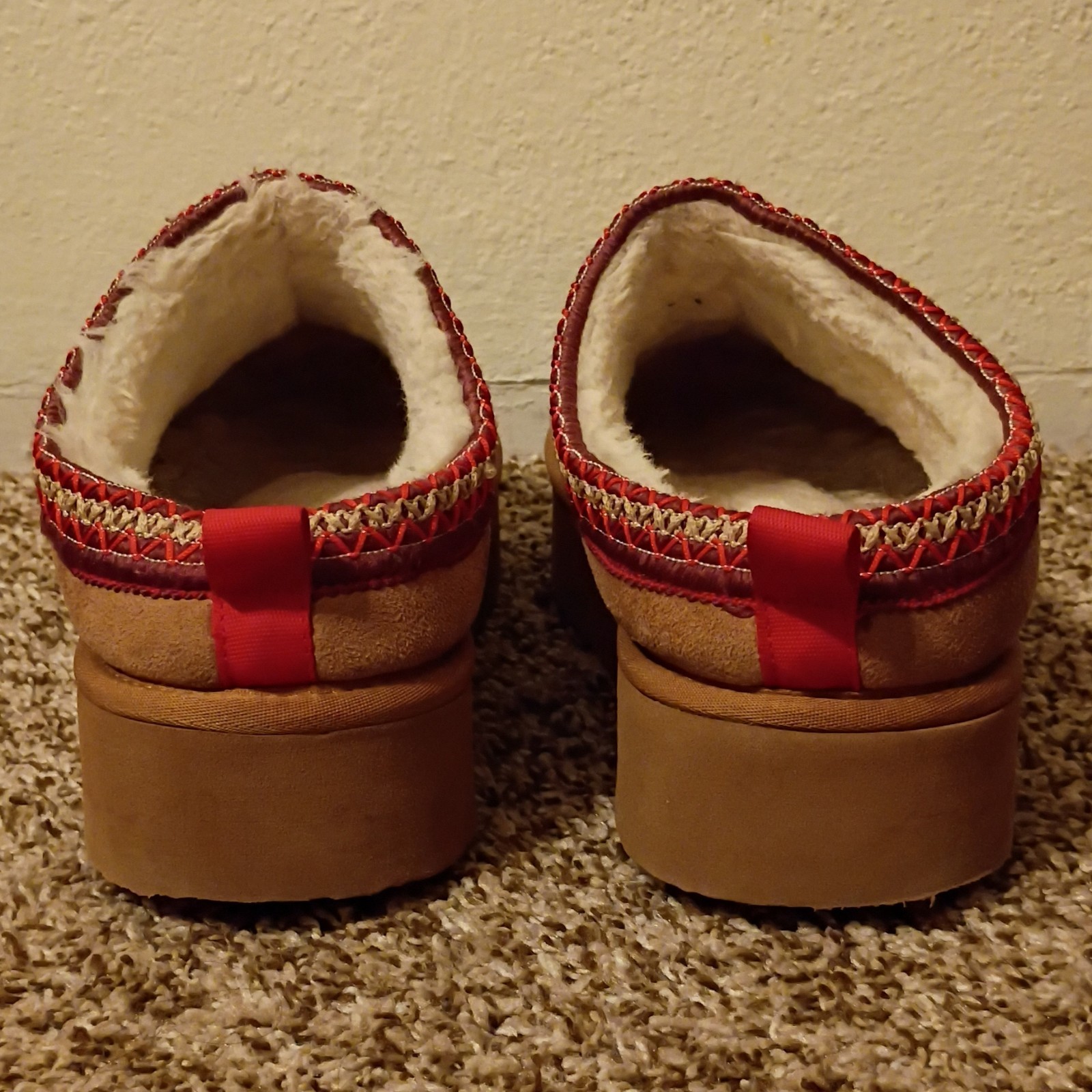 Women’s Brown Suede Slip-On Slippers Faux Fur Lined Fur Trim US 10