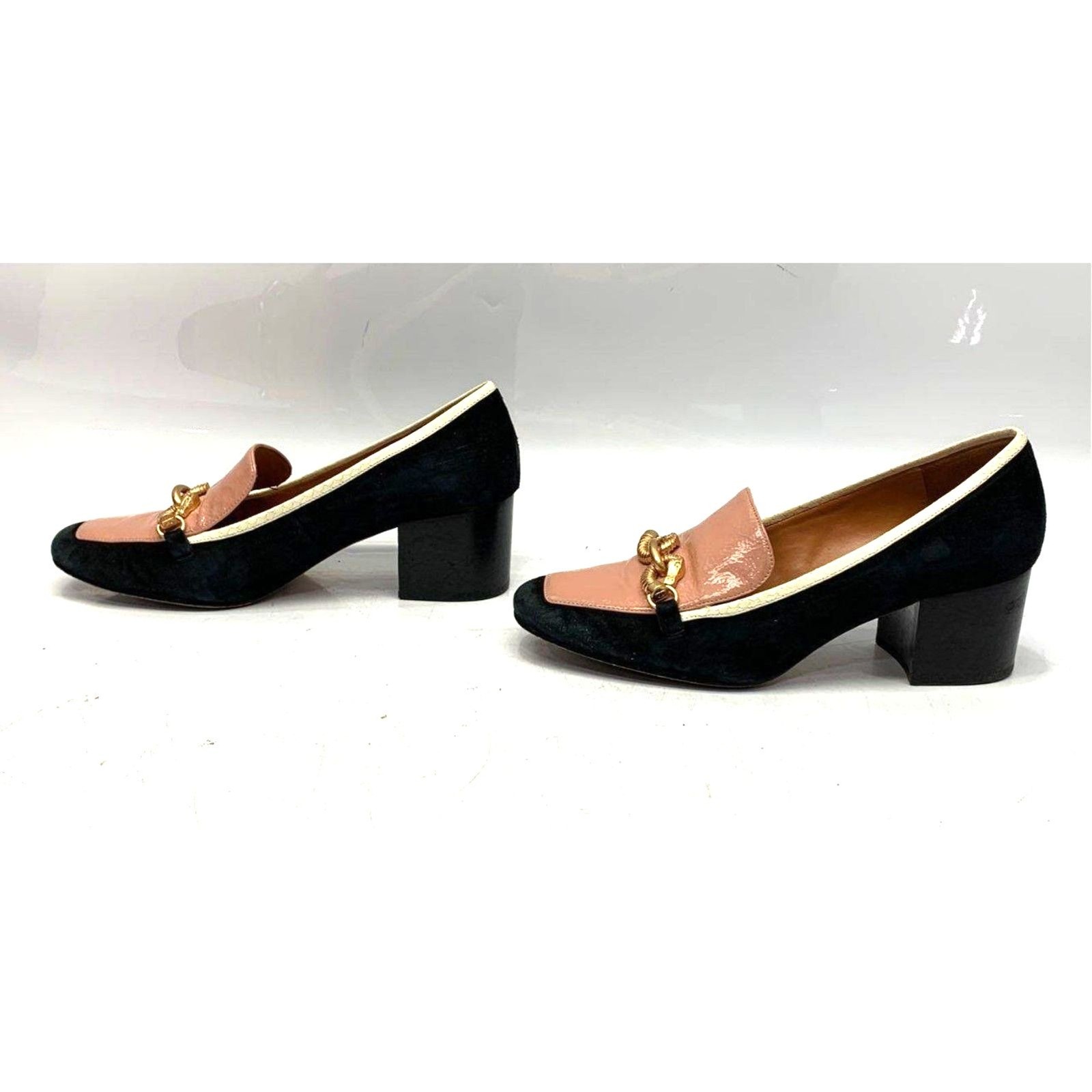 Tory Burch Jessa Loafer Pumps Suede Patent Leather Gold Chain Pink Black 10M