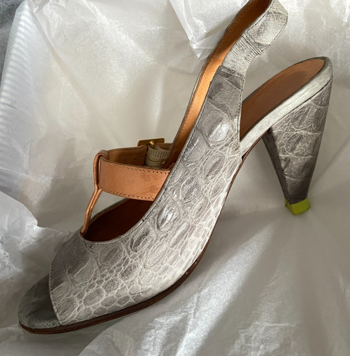CHIE MIHARA VINTAGE SANDALS TEXTURED LEATHER IN GRAY CONE HEEL 36.5 6 SPAIN