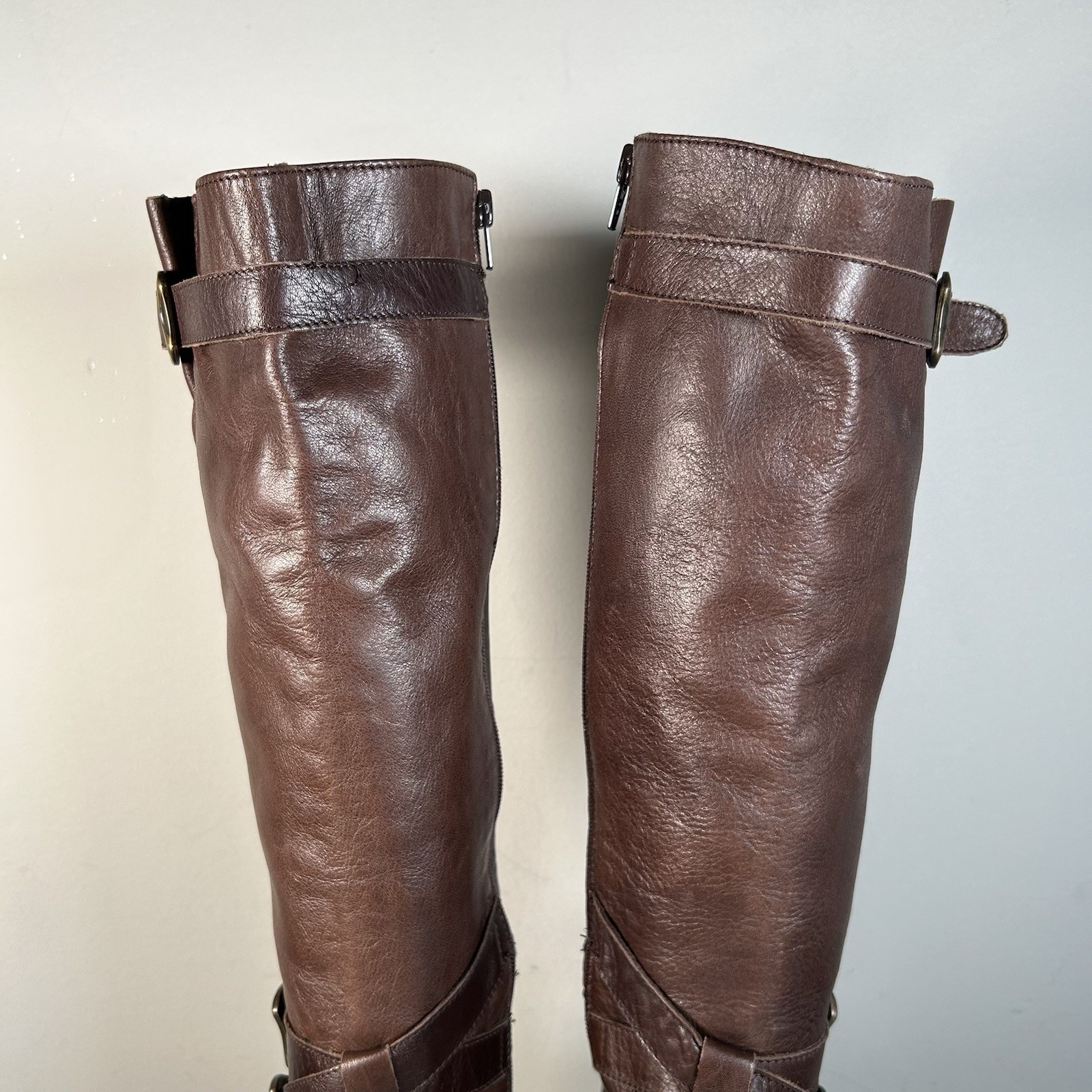 Miz Mooz Brown Brown Leather Moto Buckle Strap Hidden Wedge Boot Sz 8.5