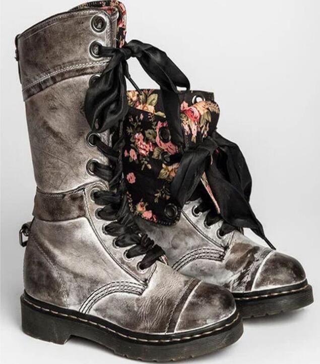Retro Womens Mid Calf Boots Lace Up Biker Punk Military Combat Ankle Bootie Shoe