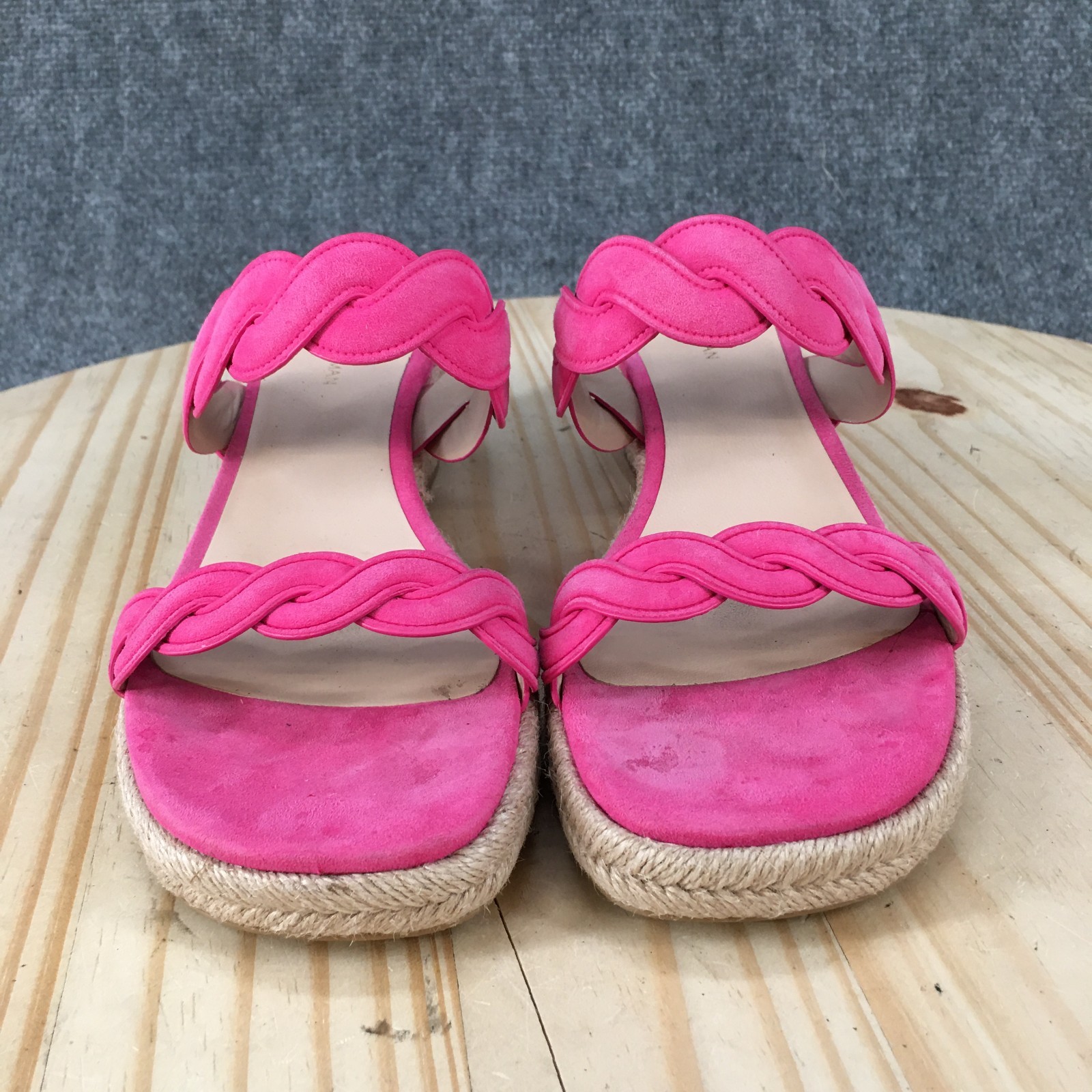 Stuart Weitzman Twistie Sandal Womens 8 Hot Pink Suede Braided Espadrille Wedges