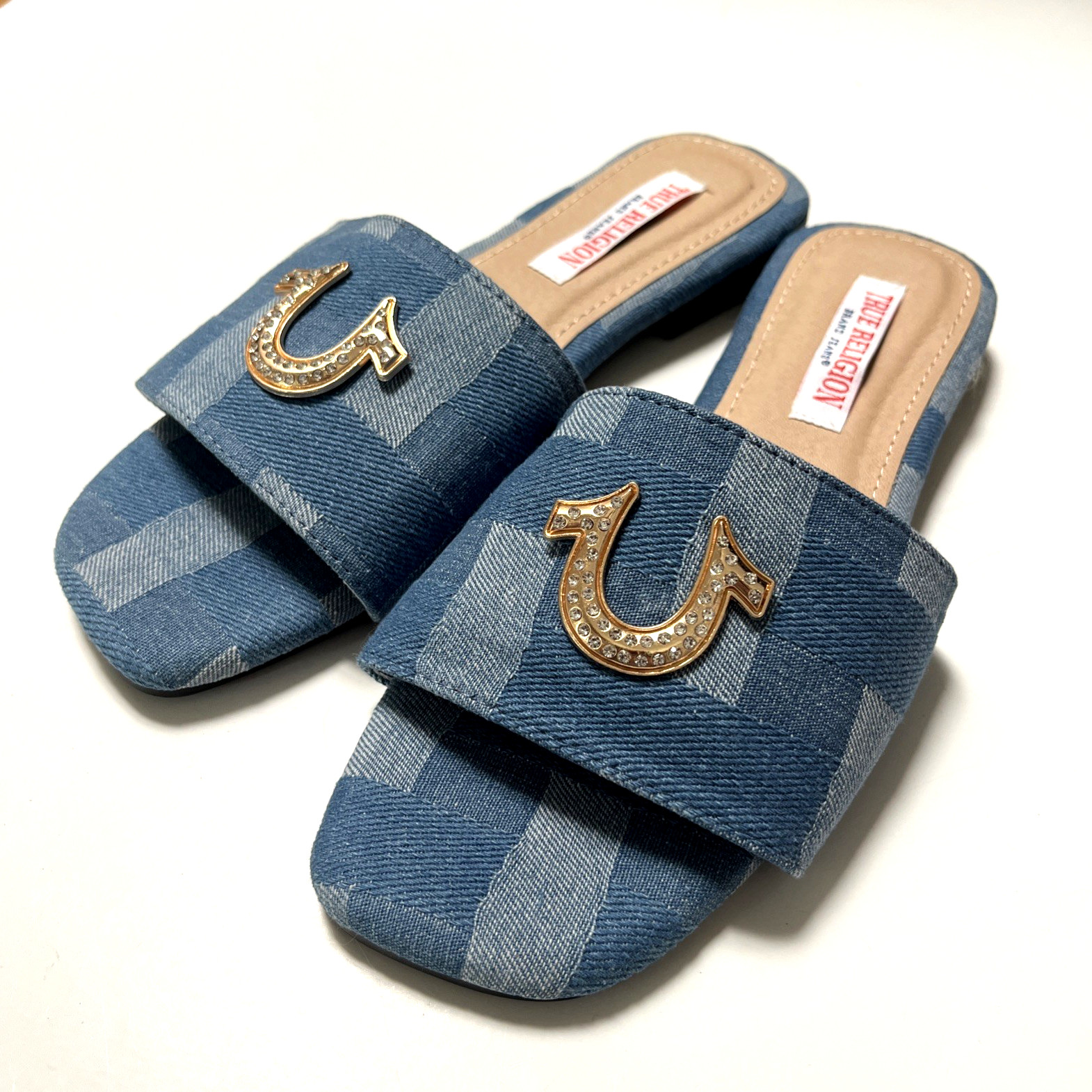 True Religion Denim Slide Sandals Crystal Horseshoe Logo Blue Size 7 NWOB