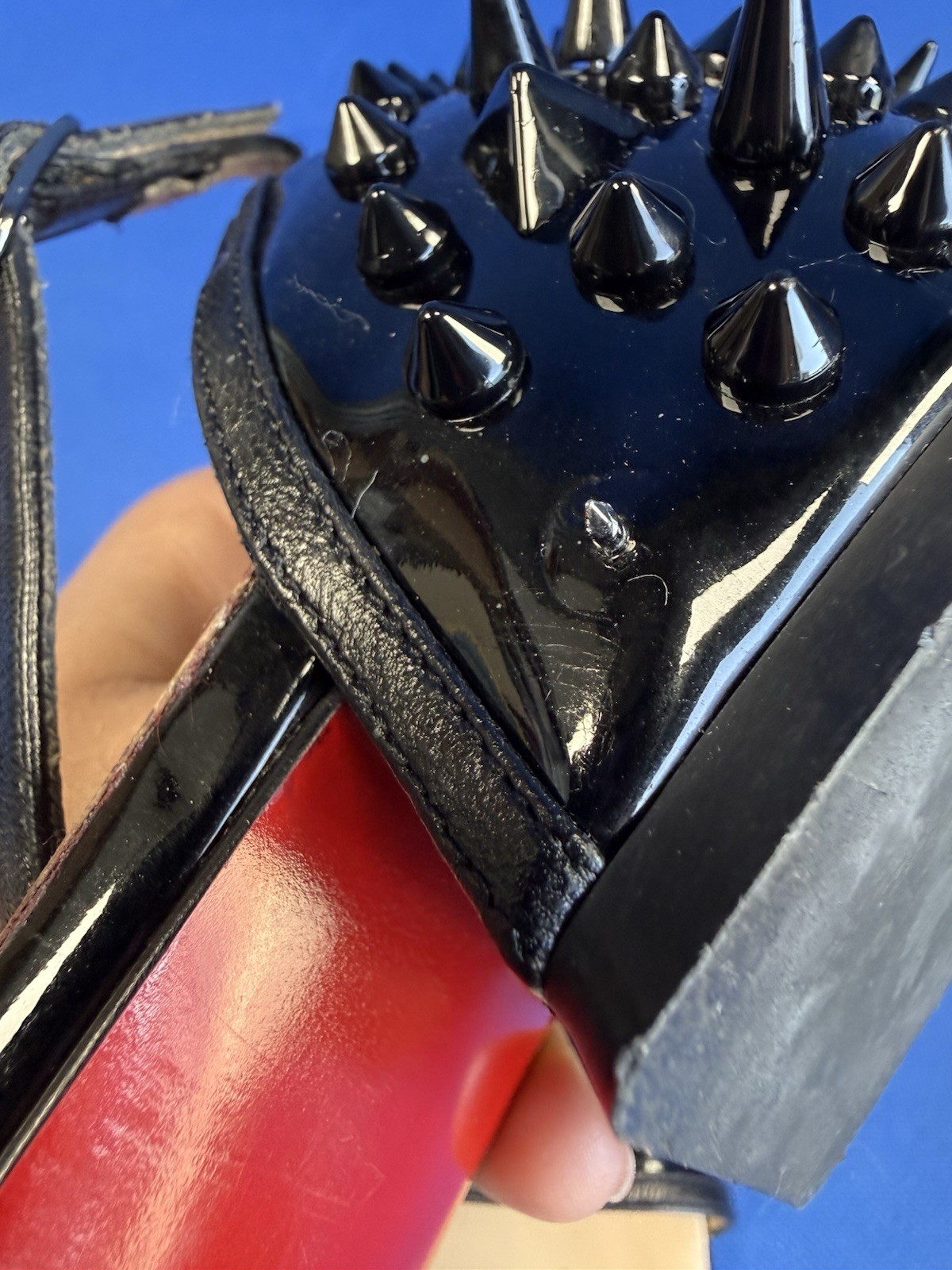 Christian Louboutin Spike Accents Black Patent Leather Sandals Size 38 1/2