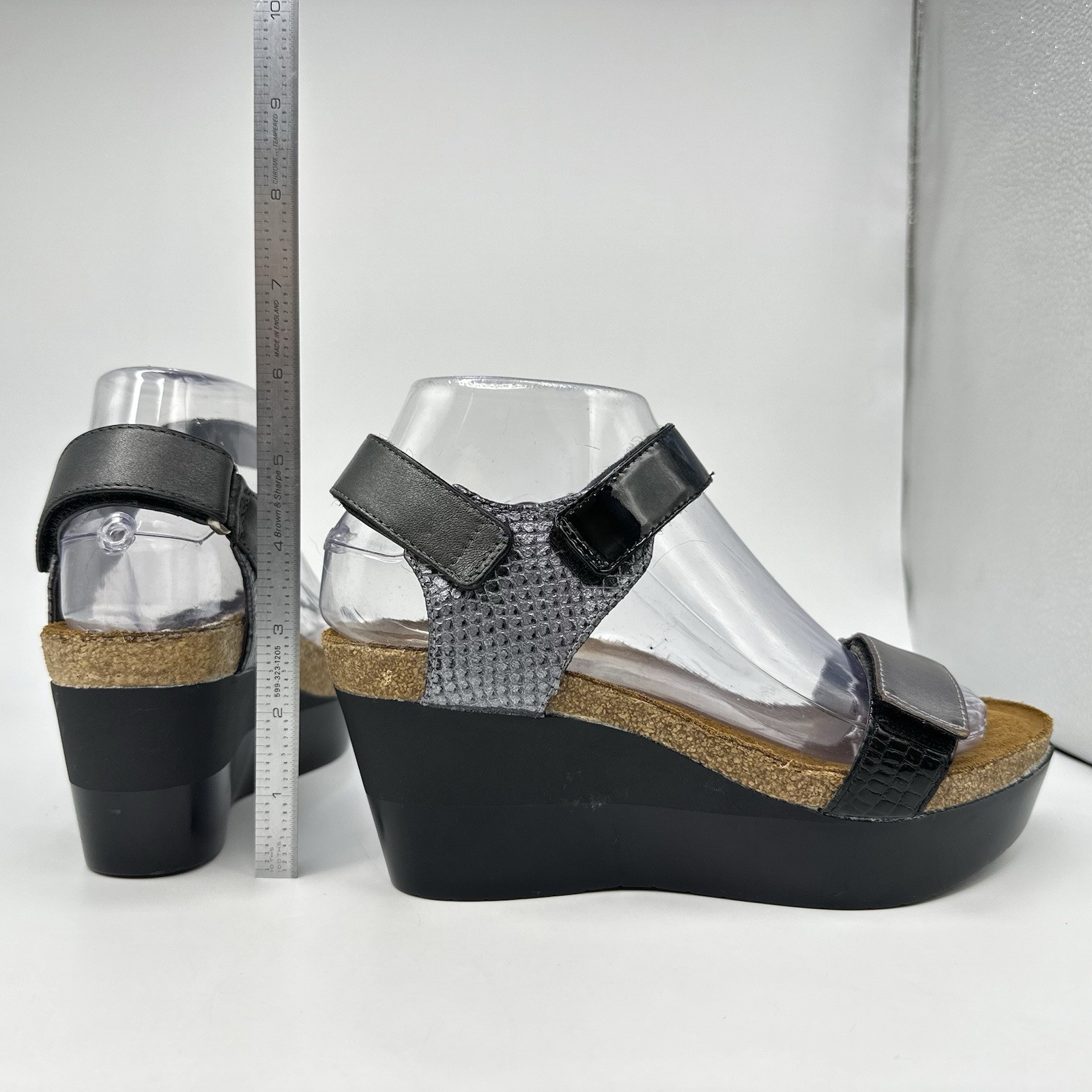 Naot-Miracle Women 6 US EUR 37 Pewter Black Cork Wedge Adj Ankle Strap