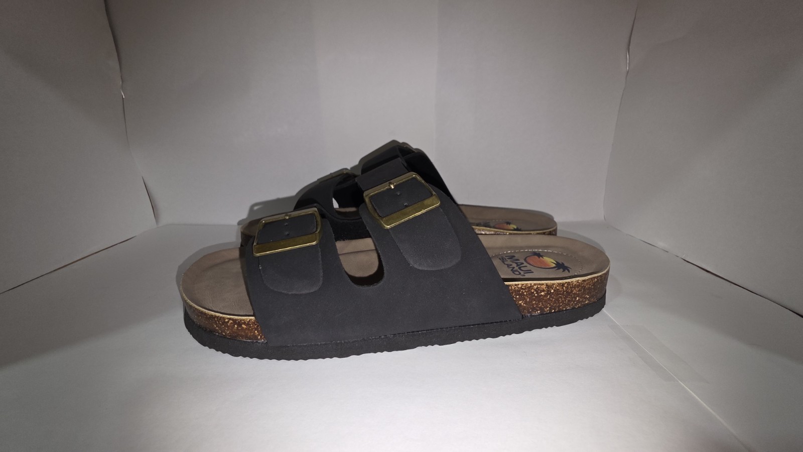 Maui Island Women’s Black 2-Buckle Adjustable Slide Sandals Faux Leather 10M