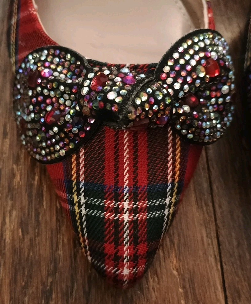 Betsey Johnson Hollie Pumps Red Plaid Rhinestone Bow Heart Shaped 2.5″ Heels 8.5