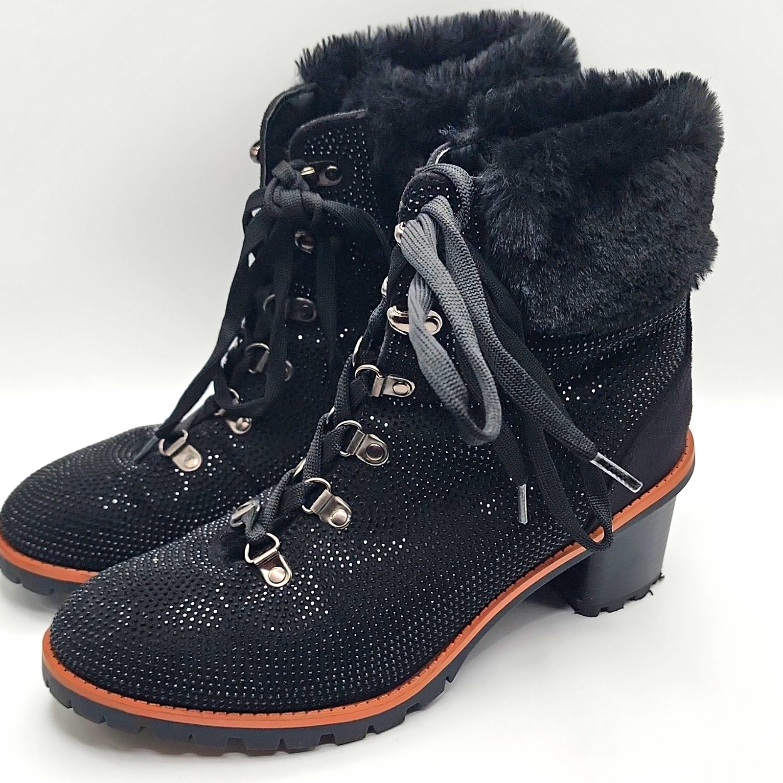 Nanette Lepore Anais Women’s 8.5 Black Lace-Up Faux Fur Trim Ankle Booties
