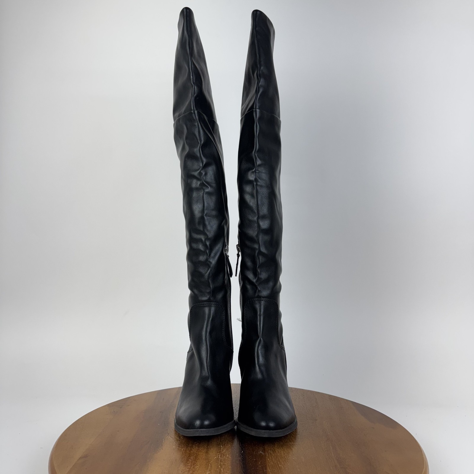 New Womens BP Luke Black Faux Leather Over The Knee Heeled Boots Size 5.5 M NWOB