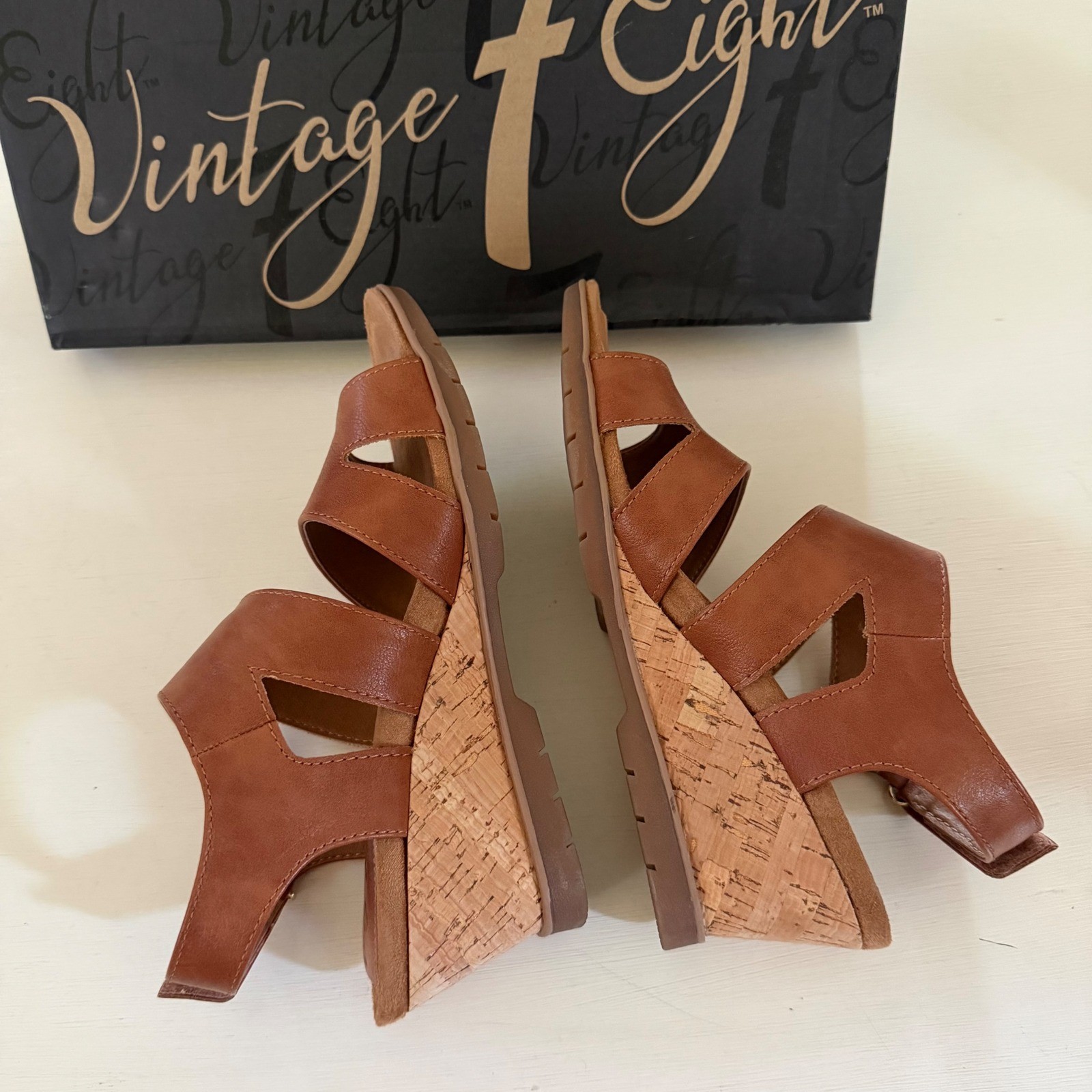 Vintage 7 Eight Womens Brown Faux Leather Cork Wedge Sandals Size 7.5M PL0002200