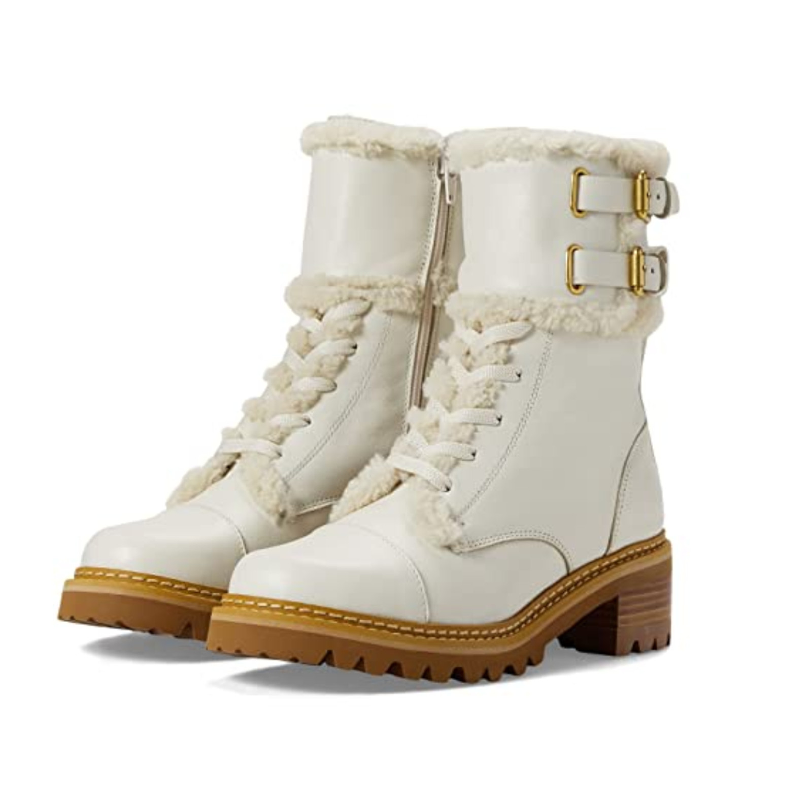 See by Chloe Women Shearling Trim Combat Boots Natural Size 39.5 EU