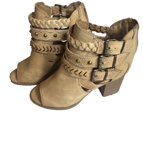 Sugar Beige Braided Buckle Studded Open Toe Zip Ankle Bootie Women’s Boots