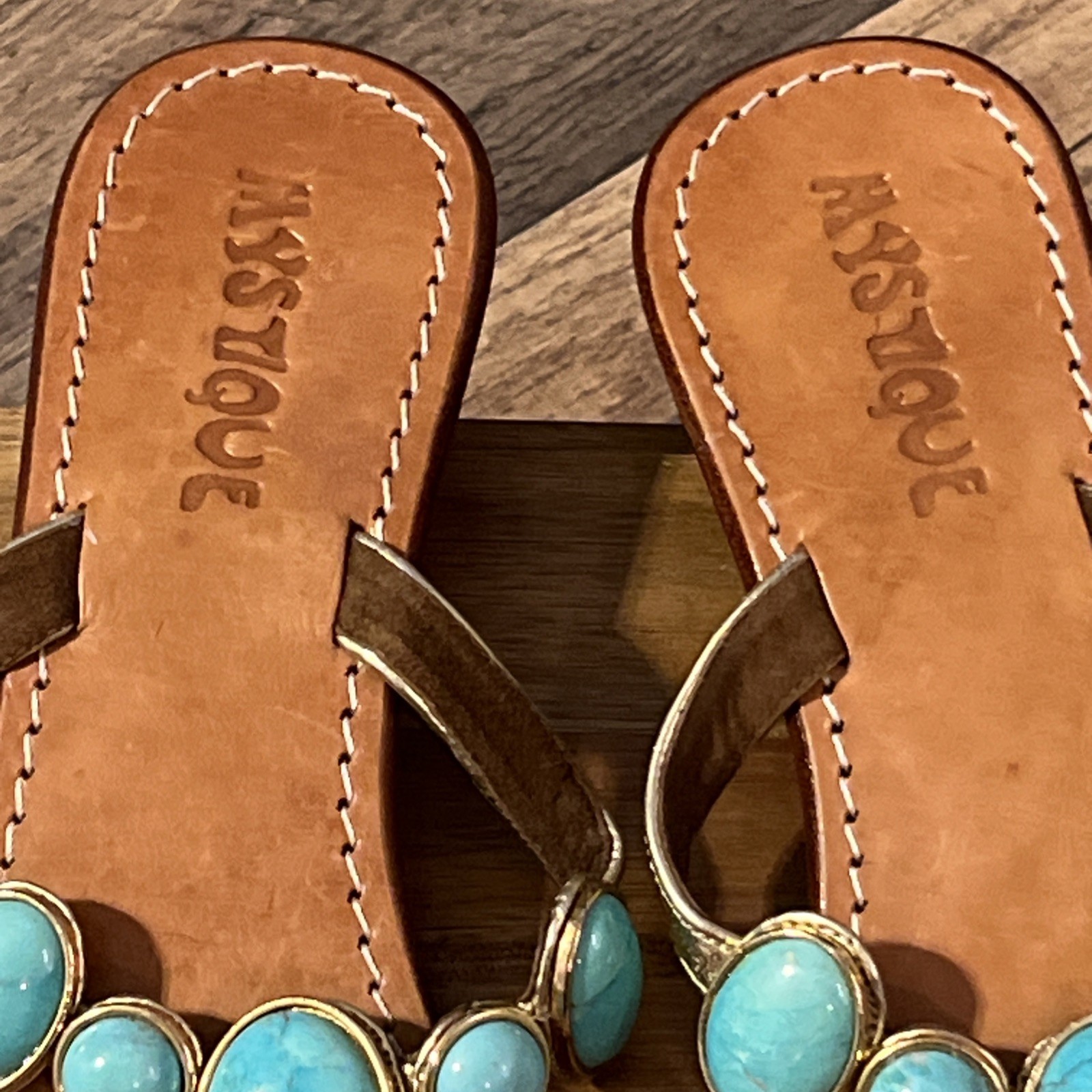 Mystique Sandals Womens Turquoise Gold Leather Sole Wood Heel Sz 10 Indonesia