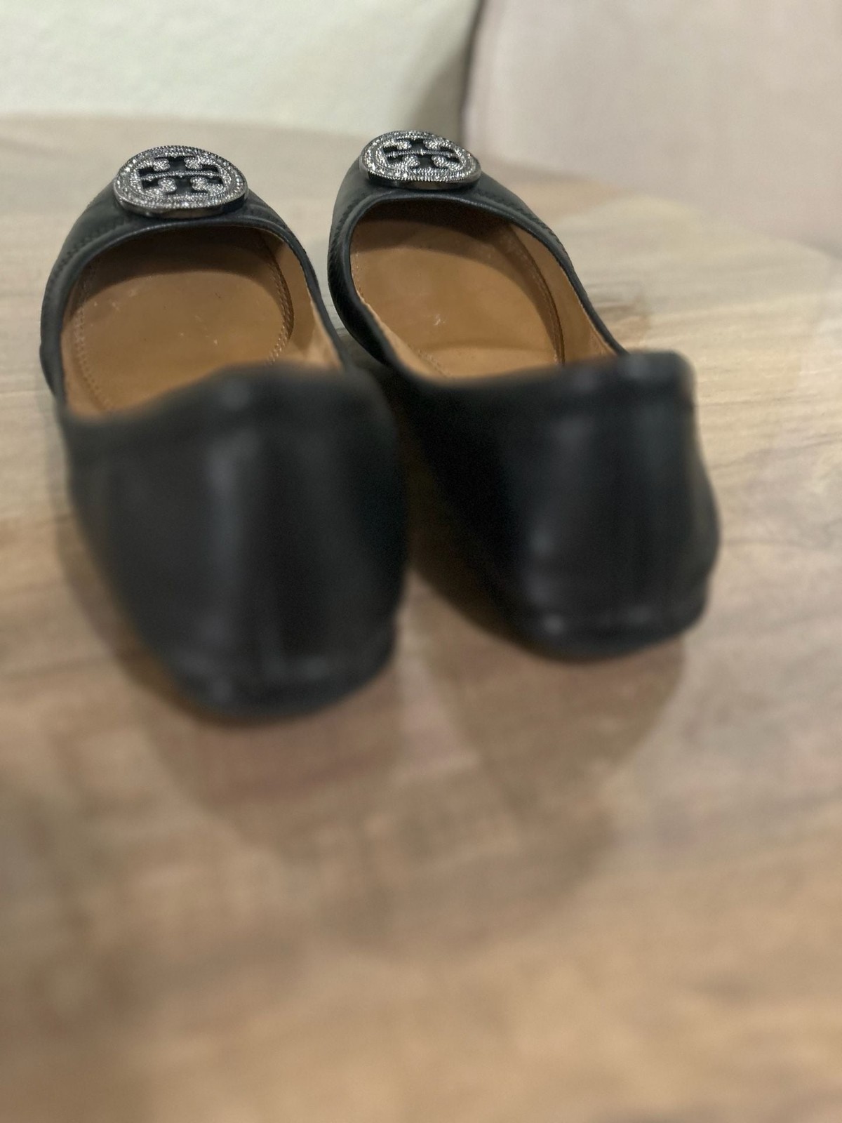 Tory Burch Black Leather Ballet Flats with Crystal Embellished Logo Medallion