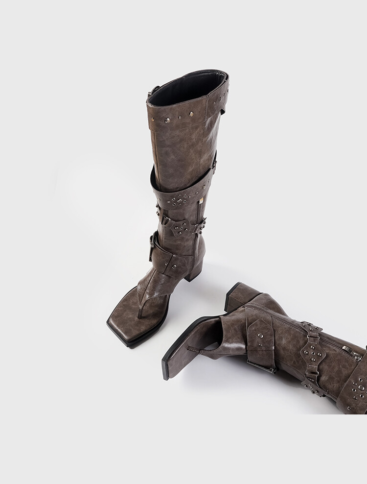 Summer Punk Womens Buckle Sandals Knee High Boots Block Heel Rivets Gothic Shoes
