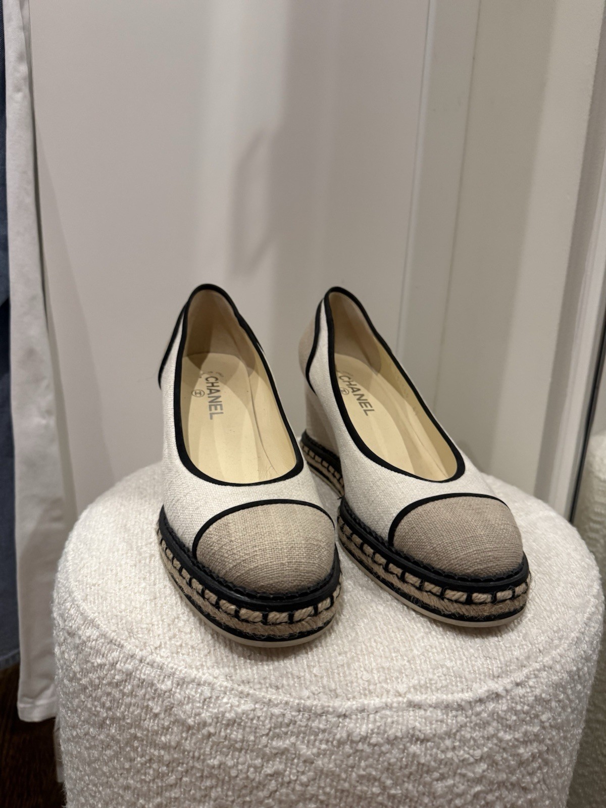 CHANEL Beige/Black Canvas CC Logo Wedge Espadrille Flats Slip-On Women 10