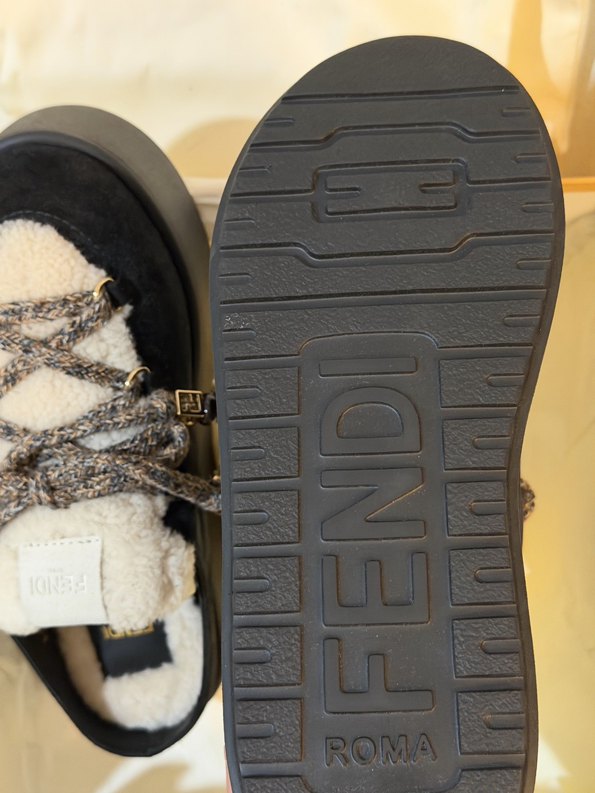Fendi Roma Sabot Shearling Lined Lace-Up Flat Black/Ivory EU 37.5 US 7.5M