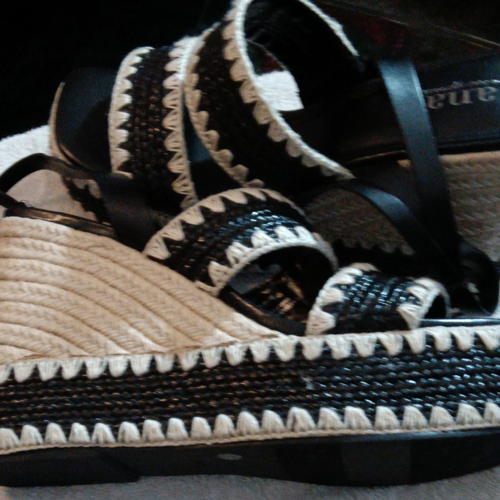a.n.a Black White Solid Leather Braided Crochet Wedge Sandals Women’s US 9.5